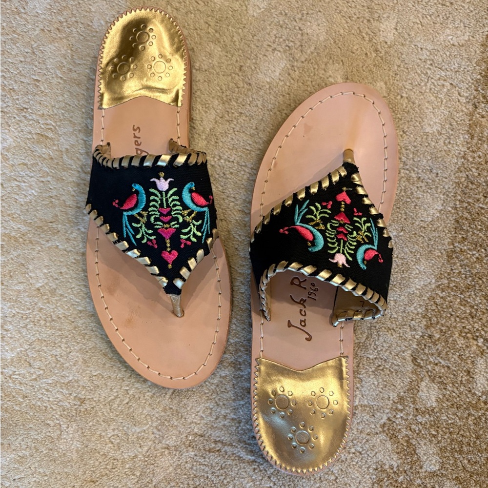 Jack Rogers Black Parrots Embroidered Thong Sandals with Gold Trim
